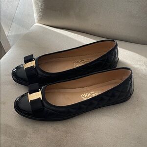 Salvatore Ferragamo Black Quilted Flats with Gold Buckle